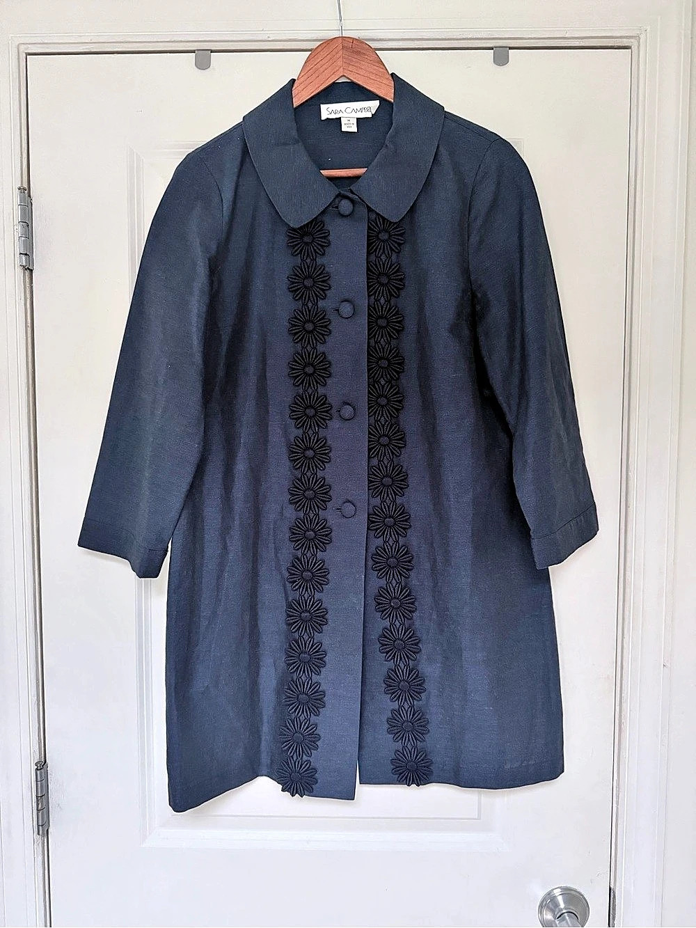 Sara Campbell Navy Peter Pan Collar Coat Dress Daisy Trim Button Front | M| EUC